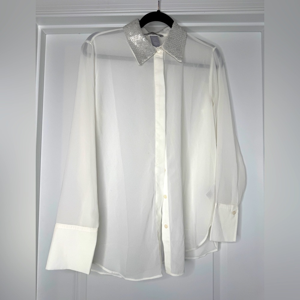 H&M Sequin-Collared Sheer Button Down Blouse Shirt - image 1